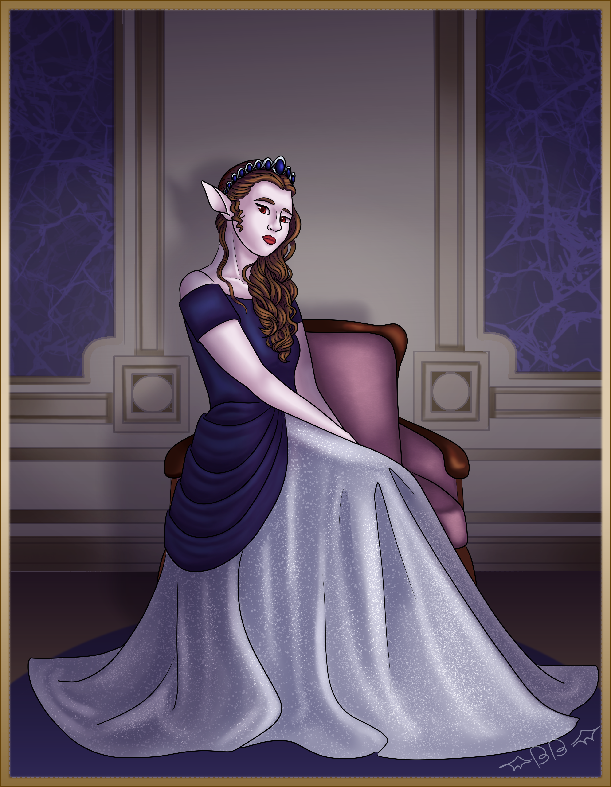 The regal, vampire queen Alayne seated in the palace
