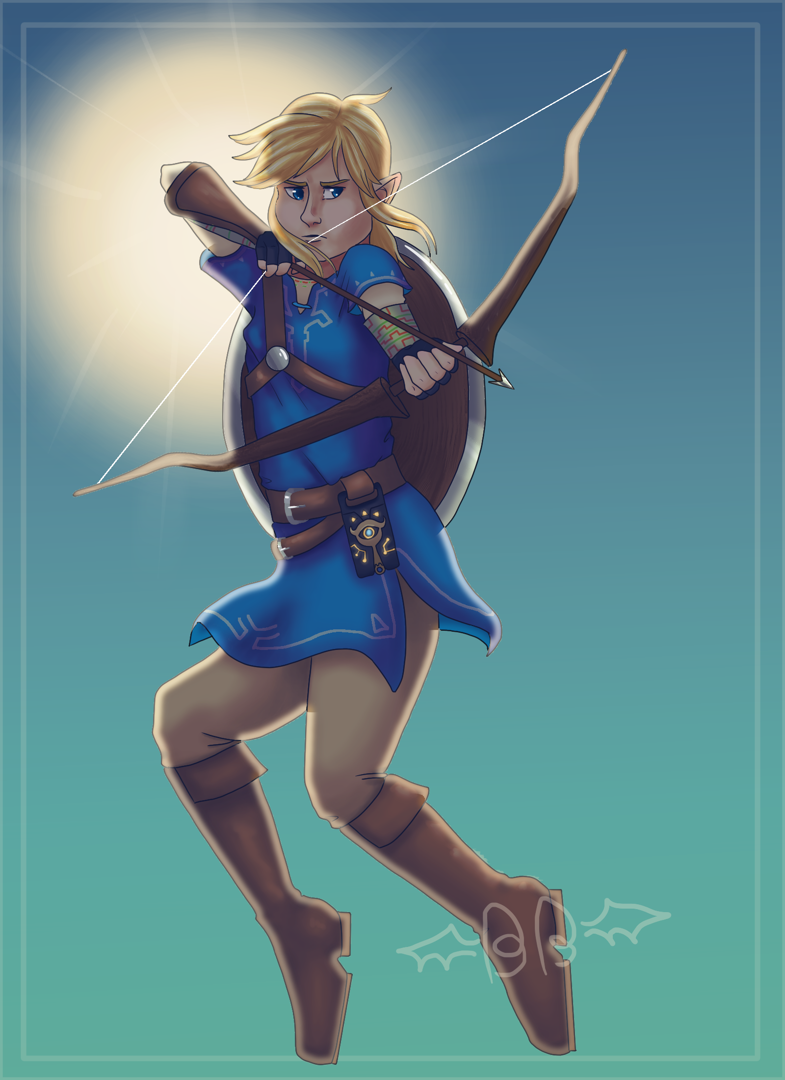 A piece of Link from Legend of Zelda leaping with bow and arrow drawn