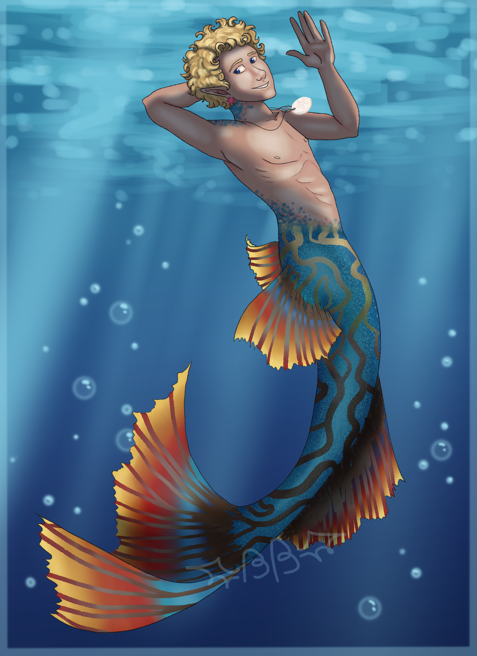 A piece of my OC, Leon as a very colorful mermaid underwater